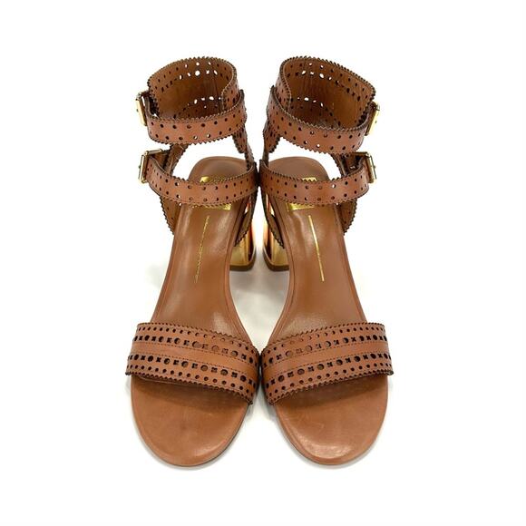 Dolce Vita Straps Sandal Sz 9.5 Brown Leather Gold Block High Heel Laser-Cut New - Picture 12 of 15
